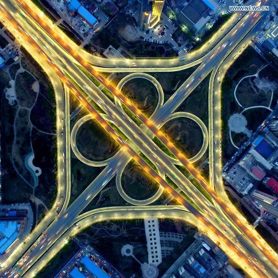 Night view of overpasses in C China's Henan