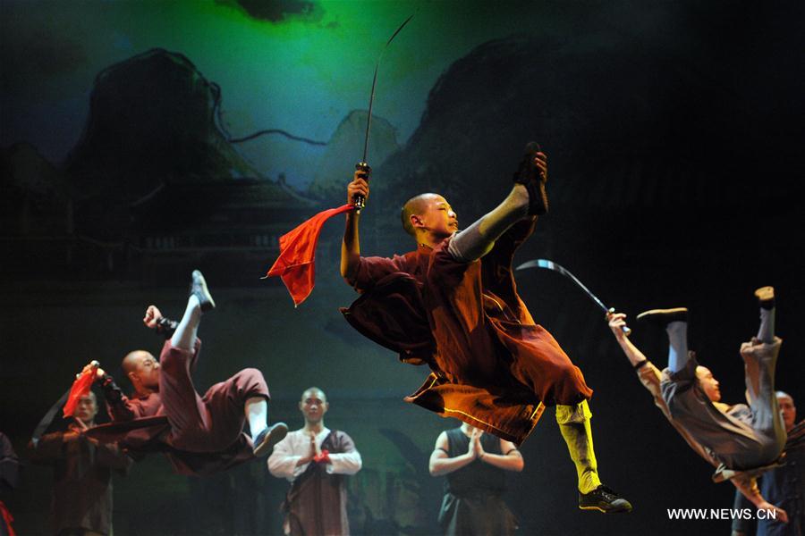 Shaolin monks perform during media preview in Singapore