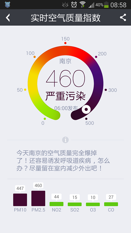 南京4日发布霾橙色预警 PM2.5几近爆表