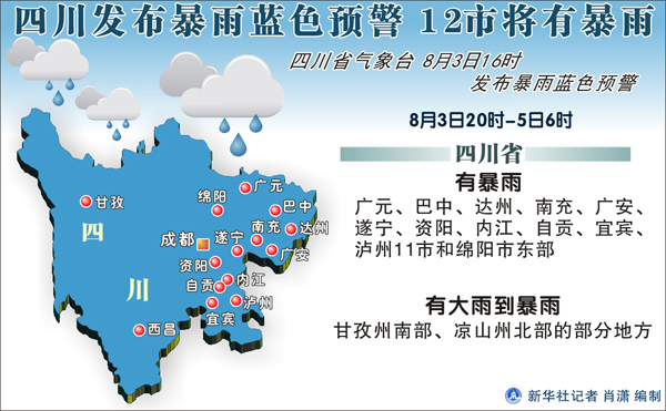 四川发布暴雨蓝色预警 12市将有暴雨