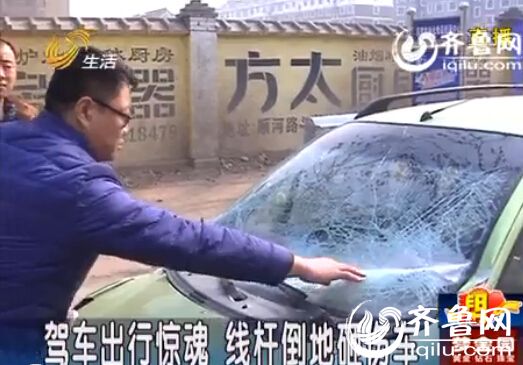 电线杆突然倒掉 高密一市民汽车前挡被砸无处追责