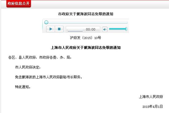 戴海波被免去上海市人民政府副秘书长职务