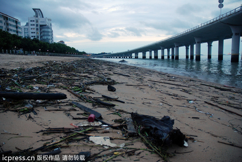 大批垃圾借台风苏力“入侵”厦门 海滩变“垃圾场”