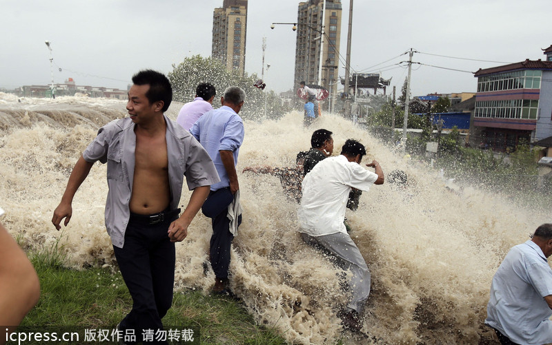 浙江海宁：高潮位达6.60米“回头潮”席卷钱塘江盐仓一带 打翻数百名游客