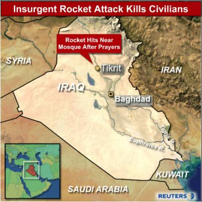 Fifteen Iraqi civilians were killed and about eight wounded on October 31, 2004 when insurgents fired a rocket in the northern city of Tikrit, the U.S. military said. [Reuters]