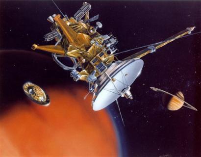 In an image released by the European Space Agency ESA on Thursday, June 1, 2004 an artist's impression shows the Huygens landing unit, left, separating from the Cassini orbiter, right, as the spacecraft advances Titan, planet Saturn's biggest moon, bottom left. The Huygens landing device, part of the Cassini-Huygens space mission, is expected to enter the athmosphere of planet Saturn's largest moon and land on the surface of Titan on Friday, Jan. 14, 2005, more than seven years after the Cassini-Huygens mission blasted off for Saturn from Cape Canaveral on Oct. 13 1997. The Cassini-Huygens mission is a joint venture between NASA and the European Space Agency ESA. [AP]