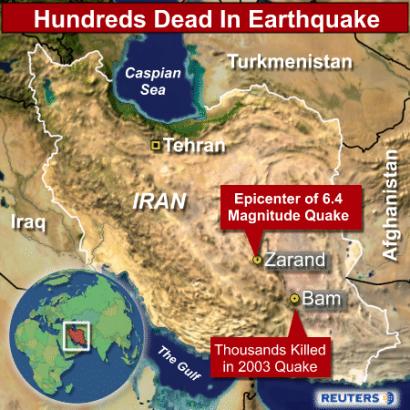 A powerful earthquake hit a mountainous region of southeast Iran on February 22, 2005, killing almost 400 people, injuring hundreds and destroying villages, officials said. The tremor, with a magnitude of 6.4, was centered on the town of Zarand, about 440 miles southeast of Tehran and just 160 miles from Bam, devastated by an earthquake that killed 31,000 people just over a year ago. (Reuters Graphic) 