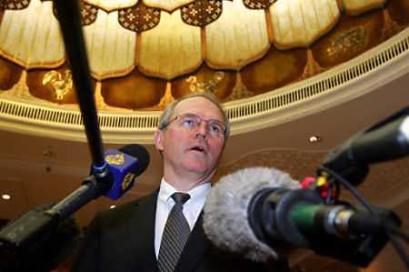 U.S. Assistant Secretary of State Christopher Hill talks to journalists in Beijing April 27, 2005. Hill, the top U.S. diplomat on the North Korean nuclear crisis, said on Wednesday that the fate of six-party talks was in doubt after a day of discussions in China, host of three rounds of inconclusive negotiations. (Claro Cortes Iv/Reuters