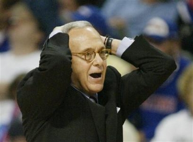 Detroit Pistons head coach Larry Brown reacts on a call during the fourth quarter in game 3 during the Eastern Conference Finals against the Miami Heat at the Palace in Auburn Hills, Mich., Sunday, May 29, 2005. (AP 