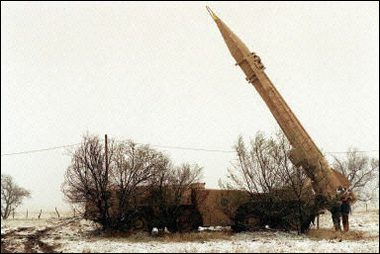 Scud missile and launcher set up during a US military exercise.