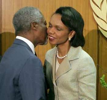 United Nations Secretary General Kofi Annan, right, greets Condolezza Rice with kisses on her first visit to the United Nations as U.S. Secretary of State, New York, Tuesday June 28, 2005. (AP