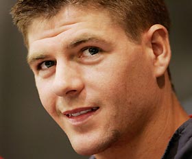 Liverpool's Steven Gerrard is shown talking to the media at a news conference at Anfield in Liverpool, northern England, in this May 19, 2005 file photo. 