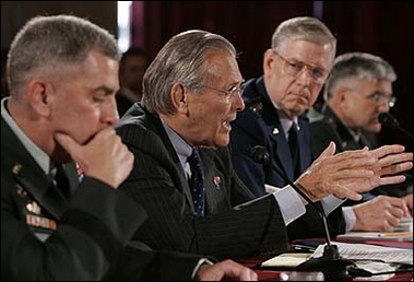 US Secretary of Defense Donald Rumsfeld testifies about operations in Iraq including the training of Iraqi troops, before the Senate Armed Services Committee. Rumsfeld was joined by Chairman of the Joint Chiefs of Staff General Richard Myers(2nd R), General John Abizaid, commander of Central Command(L), and Commanding General Multi-National Force-Iraq General George W. Casey(R)(AFP