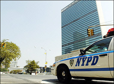 A New York City Police Department car sits across the street from the United Nations in New York.