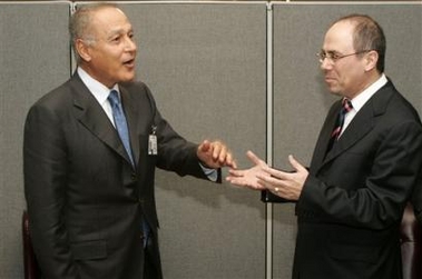 Ahmed Aboul Gheit, left, foreign minister of Egypt speaks with Israeli Foreign Minister Silvan Shalom, on the sideline of the World Summit and the General Assembly at the United Nations Monday, Sept. 19, 2005 (AP