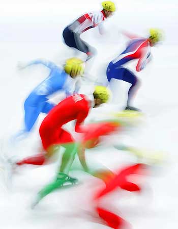 Athletes start the 1,500m semi-final at the Short Track World Cup and Olympic Qualifying Competition in Bormio, northern Italy, November 11,2005. Apolo Anton Ohno of U.S. took first place ahead South Korea's Ho-Suk Lee and Canada's Charles Hamelin.