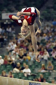 Anastasia Liukin of the United States competes in a qualifying session of the Women's Beam at the 38th Artistic Gymnastic World Championships at Rod Laver Arena in Melbourne, November 23, 2005. 