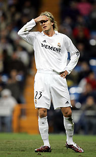 David Beckham reacts after a missed opportunity against Racing Santander during their Spanish First Division soccer match at Santiago Bernabeu stadium in Madrid, December, 21, 2005. 