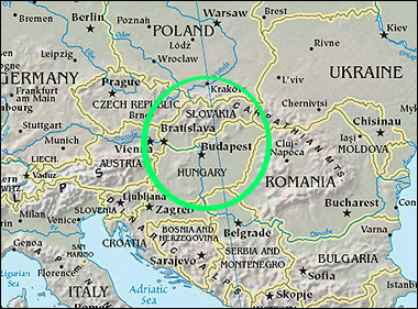 Partial map of Europe highlighting Slovakia and Hungary. 