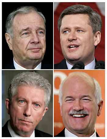 Canada's Prime Minister and Liberal leader Paul Martin (top L), Conservative leader Stephen Harper (top R), Bloc Quebecois leader Gilles Duceppe (bottom L) and New Democratic Party leader Jack Layton are seen in this January 22, 2006 combination photo. Canadian political leaders on Sunday made one last cross-country dash on the eve of an election expected to oust the ruling Liberals, move Canada to the right and improve ties with the United States. Canadians go to the polls Monday.