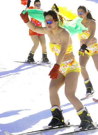 Skiing in bikini