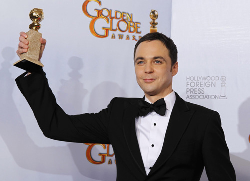 Jim Parsons holds his award for Best Performance by an Actor for 'The Big Bang Theory'