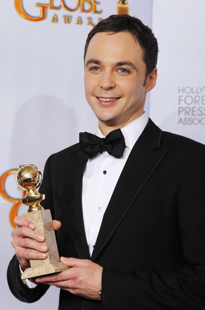 Jim Parsons holds his award for Best Performance by an Actor for 'The Big Bang Theory'