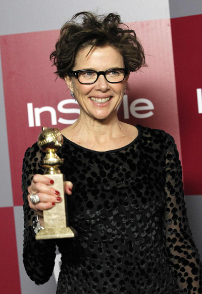 Annette Bening holds her award for Best Performance by an Actress