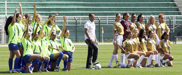 Miss Universe 2011 contestants play football in Sao Paulo