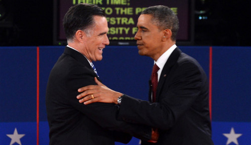 Republican presidential candidate Mitt Romney and U.S. President Barack Obama shake hands following the second presidential debate at Hofstra University in Hempstead, New York, on Tuesday, October 16, moderated by CNN&apos;s Candy Crowley. <a href=&apos;http://www.cnn.com/2012/10/03/politics/gallery/first-presidential-debate/index.html&apos;>See the best photos of the first presidential debate.</a>