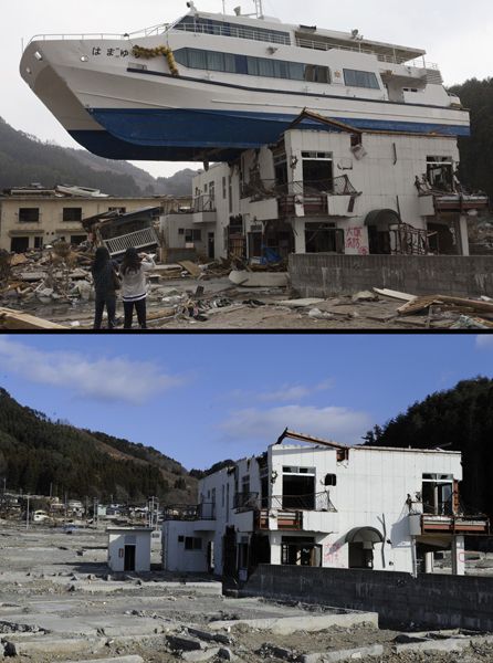 日本地震海啸一年后恢复对比图