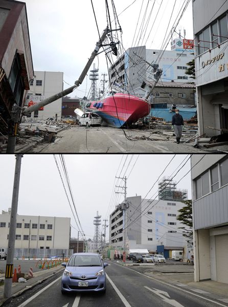 日本地震海啸一年后恢复对比图