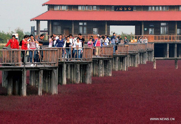 Tourists visit Red Beach in NE China