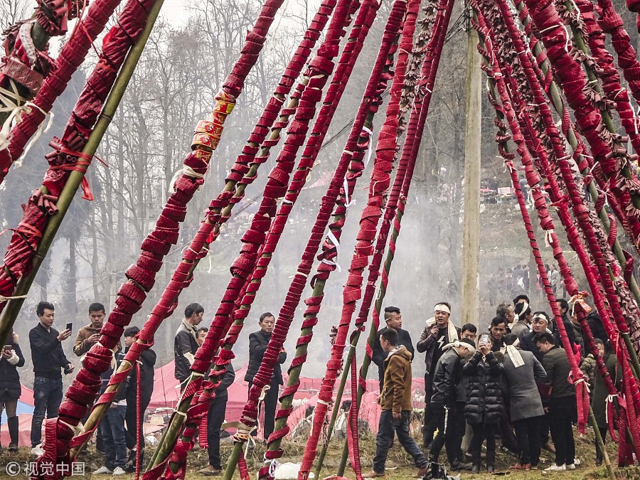 Miao people celebrate festival with millions of firecrackers