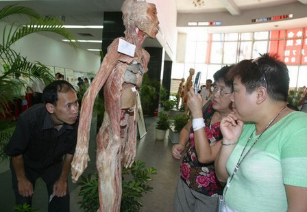 Visitors look at a model of the human body during an exhibition in Haikou, South China's Hainan Province, April 26, 2006. [Southland Metropolis Daily]