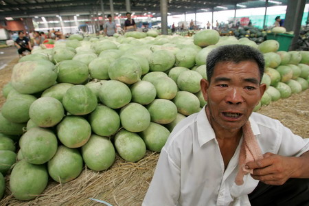  Liang Xinchuang, a watermelon farmer, cries as he waits for customers at a market in Heyang County, North China's Shannxi Province, July 16, 2006. The watermelon sells at 0.16 yuan (2 US cents) per kilogram and Liang Xinchuang suffers heavy losses in business. [Li Jie/Huashang News]