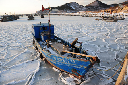 Ships stranded in frozen sea