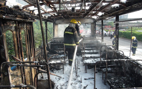 Bus engulfed in flames after refueling in SW China