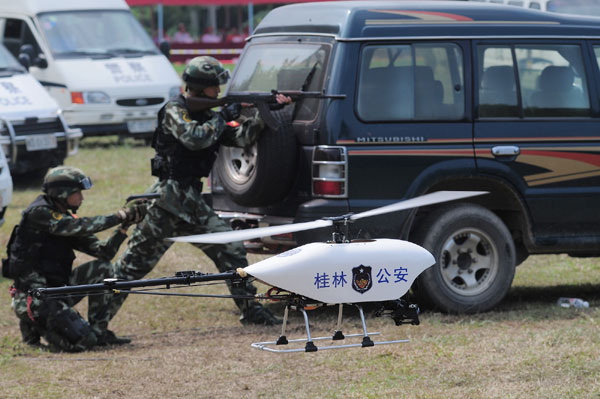 Unmanned helicopter used in police drill