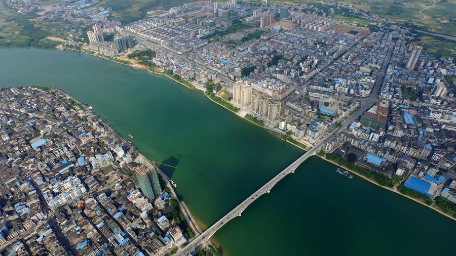 Aerial view of Rongjiang River in China's Guangxi
