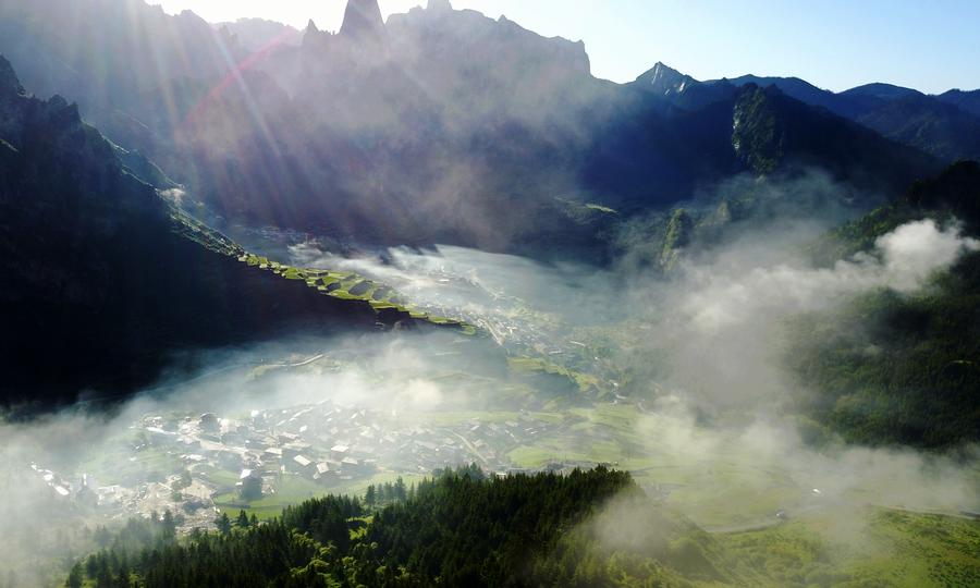 Scenery of Zhagana mountains featuring Tibetan-style villages