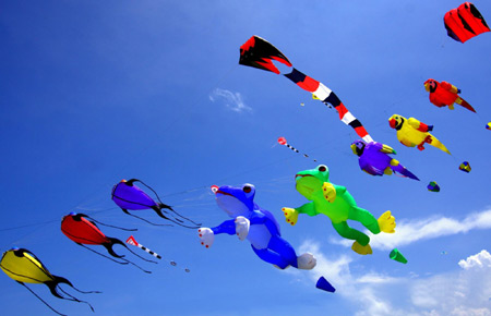 Man lifted by kites at int'l kite festival