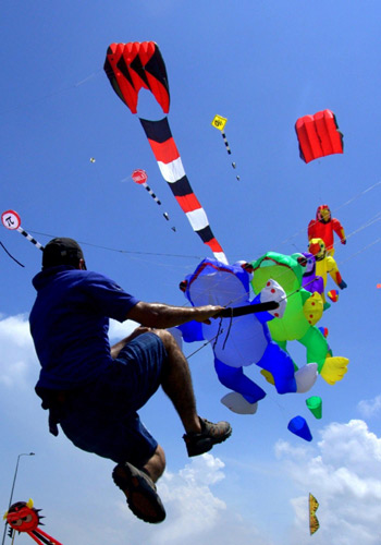 Man lifted by kites at int'l kite festival