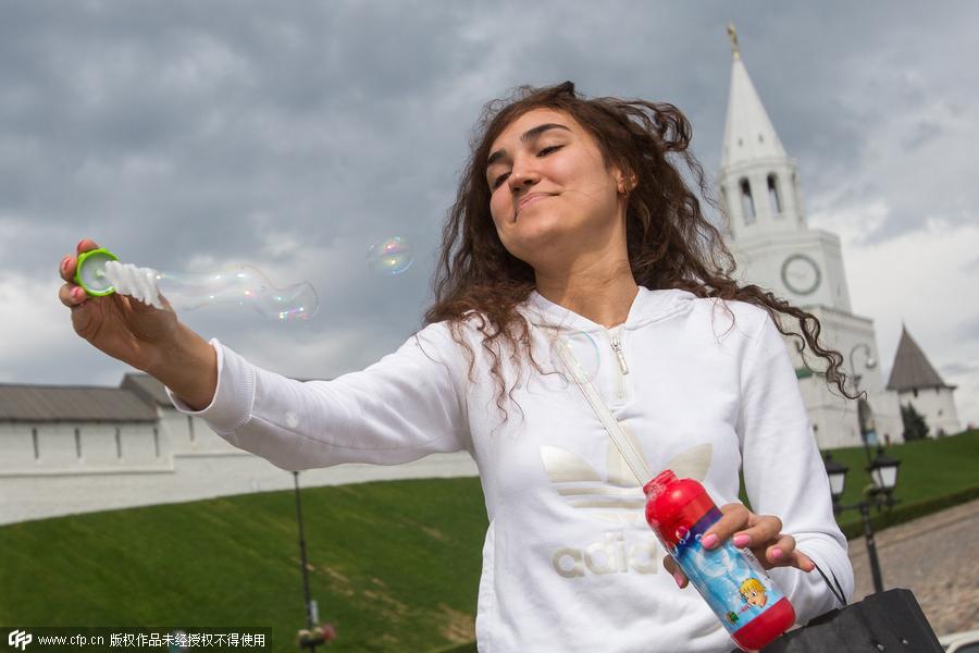 Have fun in bubble parade in Kazan, Russia