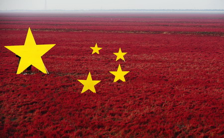 Giant national flag on the red beach