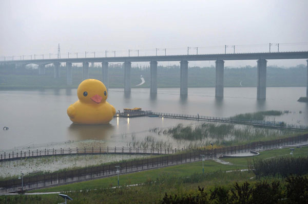 Giant rubber duck comes to life in Beijing