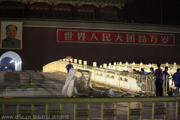 'Golden' guardrails decorate Tiananmen Square