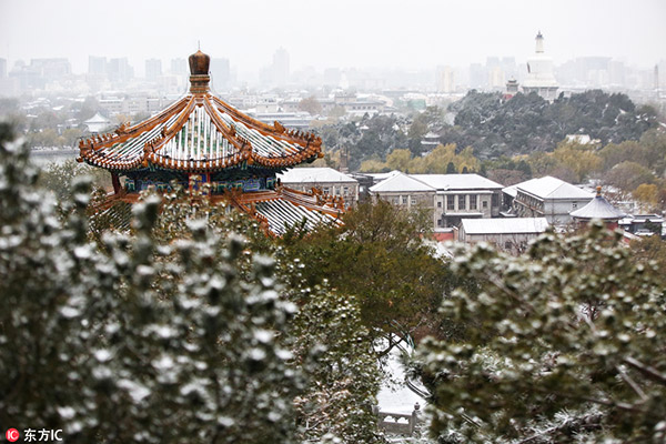 First snow turns Beijing white and beautiful