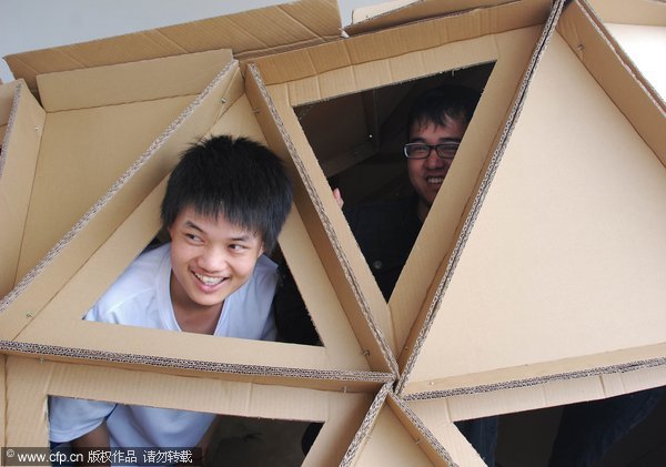 'Green living' paper buildings stand in college