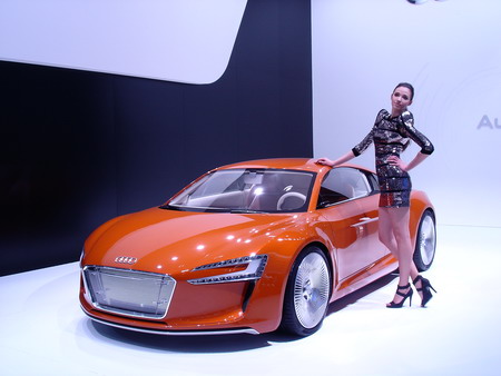 Model poses next to an Audi car